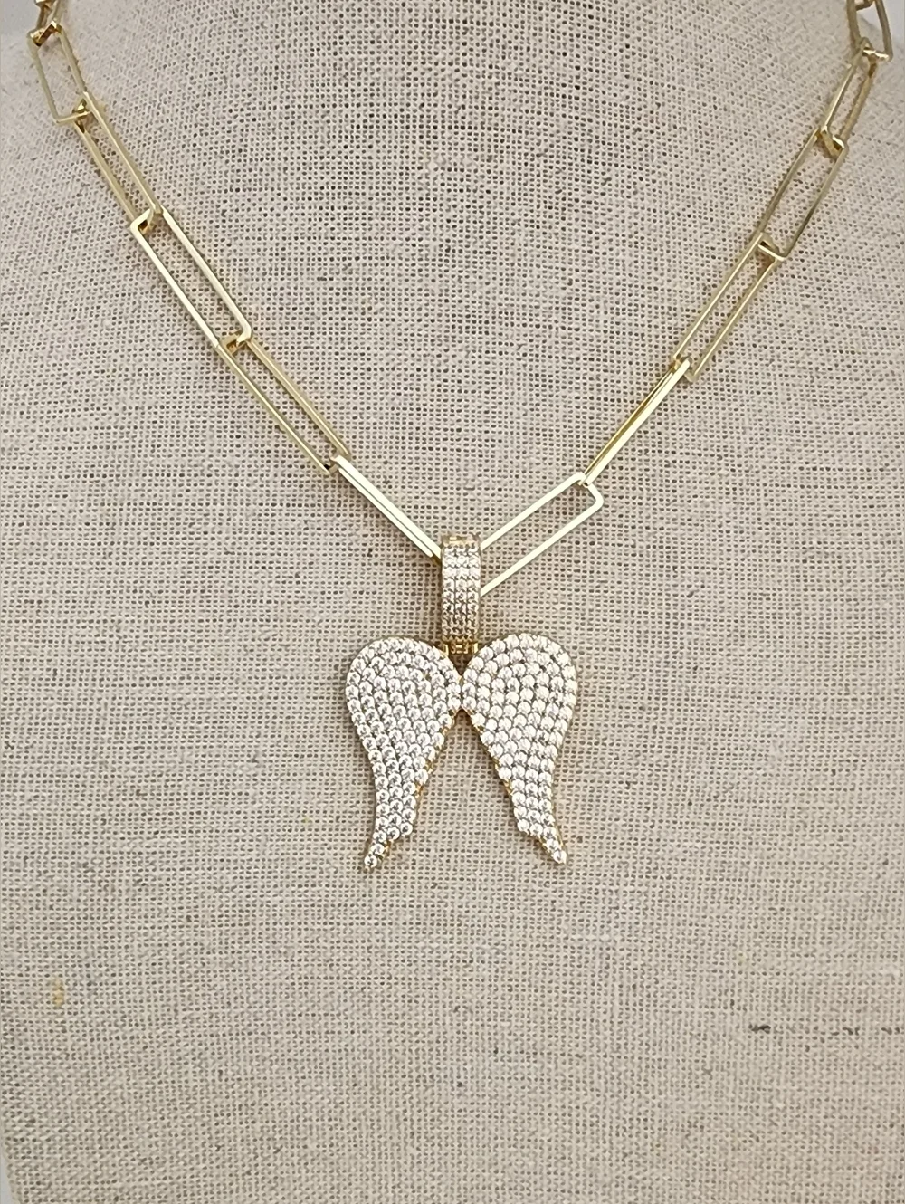 Gold Angel Wings Necklace Iced CZ Paperclip Chain 18